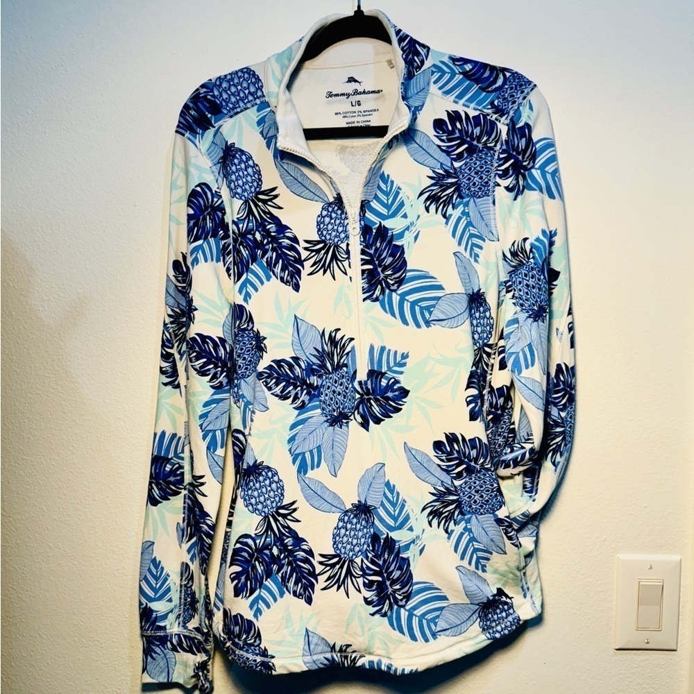 Tommy Bahama Women's Tropical Blue Floral Print Half zip Pullover - Size: Large